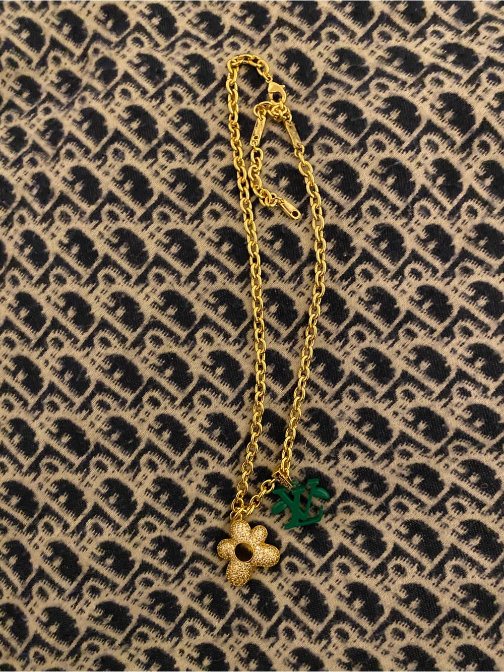 Louis Vuitton Gold-Tone Chain Necklace with Green Monogram Charm